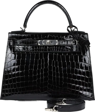 Hermes Kelly Sellier 28 Black Shiny Niloticus Crocodile Palladium Hardware Hermes Kelly Sellier 28 Black Shiny Niloticus Crocodile Palladium Hardware