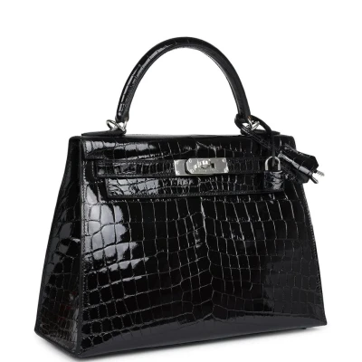 Hermes Kelly Sellier 28 Black Shiny Niloticus Crocodile Palladium Hardware Hermes Kelly Sellier 28 Black Shiny Niloticus Crocodile Palladium Hardware