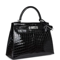 Hermes Kelly Sellier 28 Black Shiny Niloticus Crocodile Palladium Hardware Hermes Kelly Sellier 28 Black Shiny Niloticus Crocodile Palladium Hardware