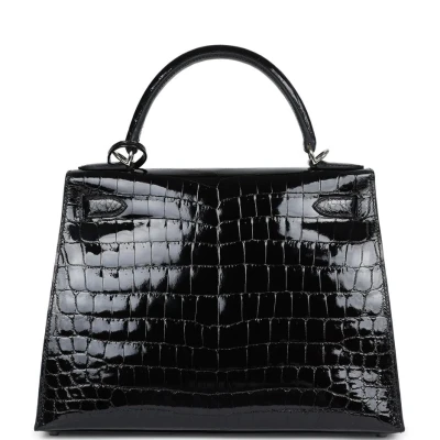 Hermes Kelly Sellier 28 Black Shiny Niloticus Crocodile Palladium Hardware Hermes Kelly Sellier 28 Black Shiny Niloticus Crocodile Palladium Hardware