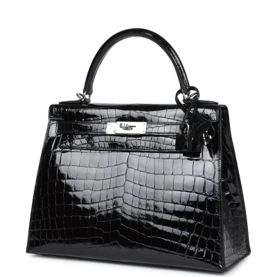 Hermes Kelly Sellier 28 Black Shiny Niloticus Crocodile Palladium Hardware Hermes Kelly Sellier 28 Black Shiny Niloticus Crocodile Palladium Hardware