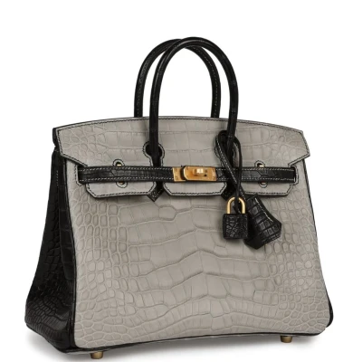 Hermes Special Order (HSS) Birkin 25 Gris Perle and Black Matte Alligator Mississippienis Brushed Gold Hardware Hermes Special Order (HSS) Birkin 25 Gris Perle and Black Matte Alligator Mississippienis Brushed Gold Hardware