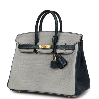 Hermes Special Order (HSS) Birkin 25 Gris Perle and Vert Rousseau Matte Alligator Brushed Gold Hardware Hermes Special Order (HSS) Birkin 25 Gris Perle and Vert Rousseau Matte Alligator Brushed Gold Hardware