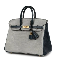 Hermes Special Order (HSS) Birkin 25 Gris Perle and Vert Rousseau Matte Alligator Brushed Gold Hardware Hermes Special Order (HSS) Birkin 25 Gris Perle and Vert Rousseau Matte Alligator Brushed Gold Hardware