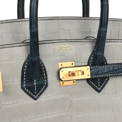 Hermes Special Order (HSS) Birkin 25 Gris Perle and Vert Rousseau Matte Alligator Brushed Gold Hardware Hermes Special Order (HSS) Birkin 25 Gris Perle and Vert Rousseau Matte Alligator Brushed Gold Hardware