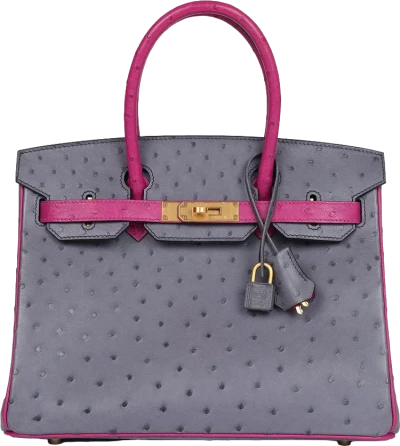 Hermes Special Order (HSS) Birkin 30 Rose Pourpre and Gris Agate Ostrich Brushed Gold Hardware Hermes Special Order (HSS) Birkin 30 Rose Pourpre and Gris Agate Ostrich Brushed Gold Hardware