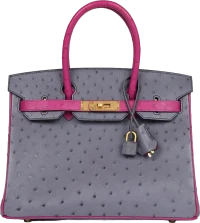 Hermes Special Order (HSS) Birkin 30 Rose Pourpre and Gris Agate Ostrich Brushed Gold Hardware Hermes Special Order (HSS) Birkin 30 Rose Pourpre and Gris Agate Ostrich Brushed Gold Hardware