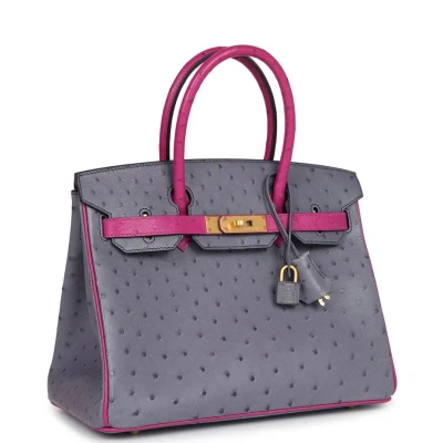 Hermes Special Order (HSS) Birkin 30 Rose Pourpre and Gris Agate Ostrich Brushed Gold Hardware Hermes Special Order (HSS) Birkin 30 Rose Pourpre and Gris Agate Ostrich Brushed Gold Hardware