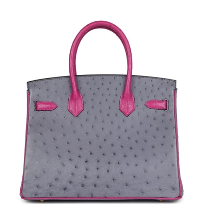 Hermes Special Order (HSS) Birkin 30 Rose Pourpre and Gris Agate Ostrich Brushed Gold Hardware Hermes Special Order (HSS) Birkin 30 Rose Pourpre and Gris Agate Ostrich Brushed Gold Hardware