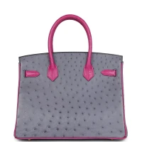 Hermes Special Order (HSS) Birkin 30 Rose Pourpre and Gris Agate Ostrich Brushed Gold Hardware Hermes Special Order (HSS) Birkin 30 Rose Pourpre and Gris Agate Ostrich Brushed Gold Hardware