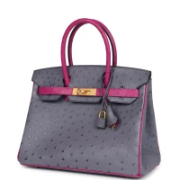 Hermes Special Order (HSS) Birkin 30 Rose Pourpre and Gris Agate Ostrich Brushed Gold Hardware Hermes Special Order (HSS) Birkin 30 Rose Pourpre and Gris Agate Ostrich Brushed Gold Hardware