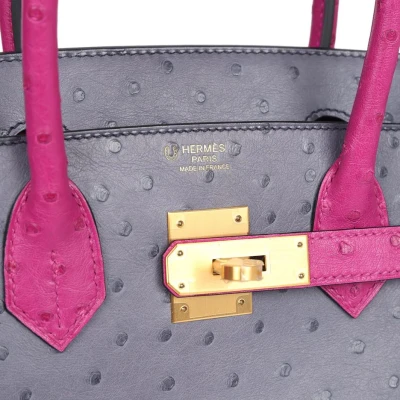 Hermes Special Order (HSS) Birkin 30 Rose Pourpre and Gris Agate Ostrich Brushed Gold Hardware Hermes Special Order (HSS) Birkin 30 Rose Pourpre and Gris Agate Ostrich Brushed Gold Hardware