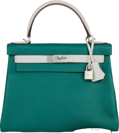 Hermes Special Order (HSS) Kelly Retourne 28 Malachite and Gris Perle Clemence Brushed Palladium Hardware Hermes Special Order (HSS) Kelly Retourne 28 Malachite and Gris Perle Clemence Brushed Palladium Hardware