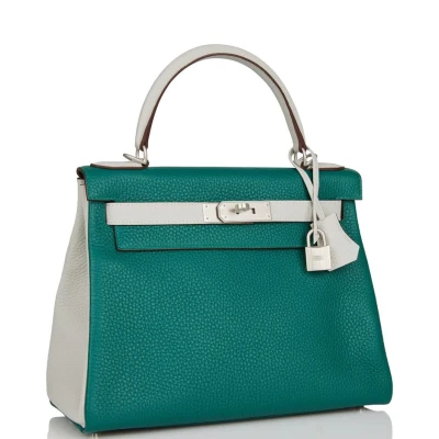 Hermes Special Order (HSS) Kelly Retourne 28 Malachite and Gris Perle Clemence Brushed Palladium Hardware Hermes Special Order (HSS) Kelly Retourne 28 Malachite and Gris Perle Clemence Brushed Palladium Hardware
