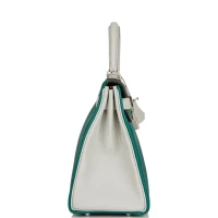 Hermes Special Order (HSS) Kelly Retourne 28 Malachite and Gris Perle Clemence Brushed Palladium Hardware Hermes Special Order (HSS) Kelly Retourne 28 Malachite and Gris Perle Clemence Brushed Palladium Hardware