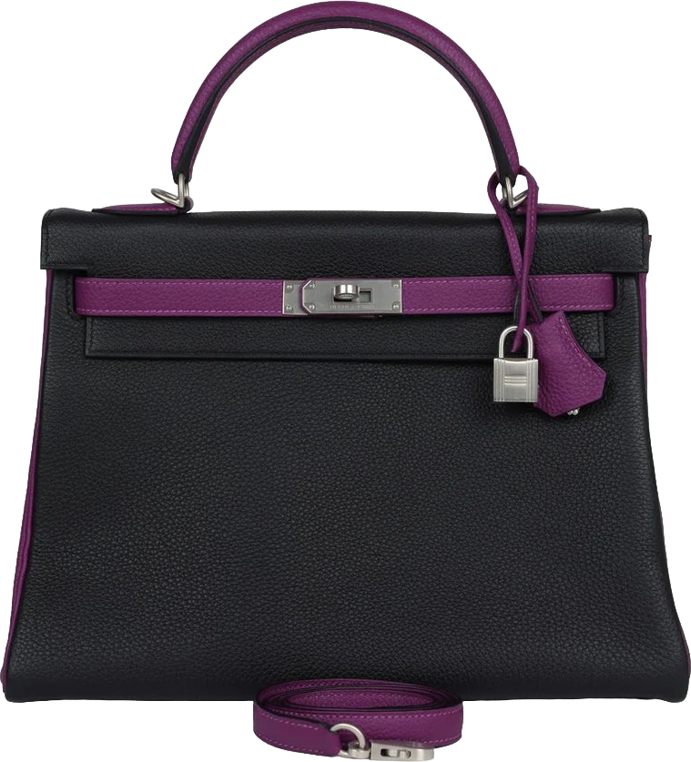 Hermes Special Order (HSS) Kelly Retourne 32 Black and Anemone Togo Brushed Palladium Hardware