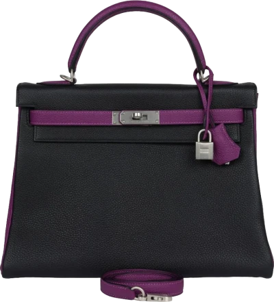 Hermes Special Order (HSS) Kelly Retourne 32 Black and Anemone Togo Brushed Palladium Hardware Hermes Special Order (HSS) Kelly Retourne 32 Black and Anemone Togo Brushed Palladium Hardware