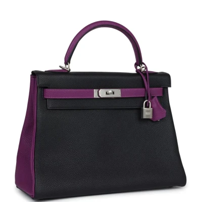 Hermes Special Order (HSS) Kelly Retourne 32 Black and Anemone Togo Brushed Palladium Hardware Hermes Special Order (HSS) Kelly Retourne 32 Black and Anemone Togo Brushed Palladium Hardware