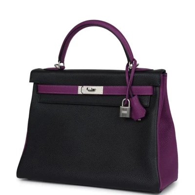 Hermes Special Order (HSS) Kelly Retourne 32 Black and Anemone Togo Brushed Palladium Hardware Hermes Special Order (HSS) Kelly Retourne 32 Black and Anemone Togo Brushed Palladium Hardware