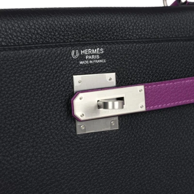 Hermes Special Order (HSS) Kelly Retourne 32 Black and Anemone Togo Brushed Palladium Hardware Hermes Special Order (HSS) Kelly Retourne 32 Black and Anemone Togo Brushed Palladium Hardware