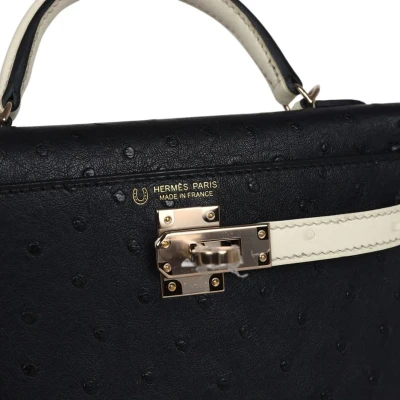 Hermes Special Order (HSS) Kelly Sellier 20 Black and Beton Ostrich Permabrass Hardware Hermes Special Order (HSS) Kelly Sellier 20 Black and Beton Ostrich Permabrass Hardware