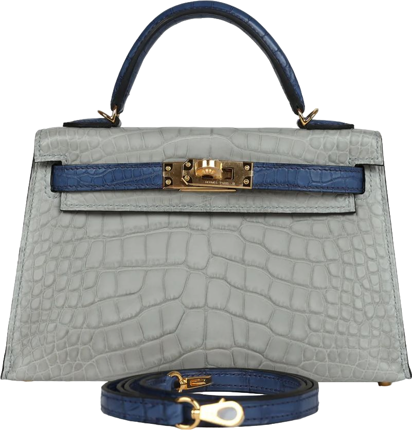 Hermes Special Order (HSS) Kelly Sellier 20 Gris Perle and Bleu de Malte Matte Alligator Gold Hardware