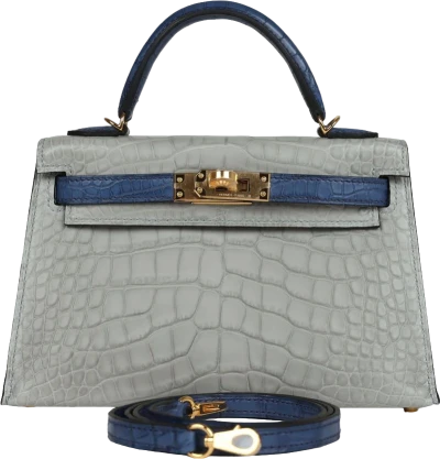 Hermes Special Order (HSS) Kelly Sellier 20 Gris Perle and Bleu de Malte Matte Alligator Gold Hardware Hermes Special Order (HSS) Kelly Sellier 20 Gris Perle and Bleu de Malte Matte Alligator Gold Hardware