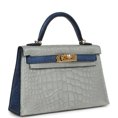 Hermes Special Order (HSS) Kelly Sellier 20 Gris Perle and Bleu de Malte Matte Alligator Gold Hardware Hermes Special Order (HSS) Kelly Sellier 20 Gris Perle and Bleu de Malte Matte Alligator Gold Hardware
