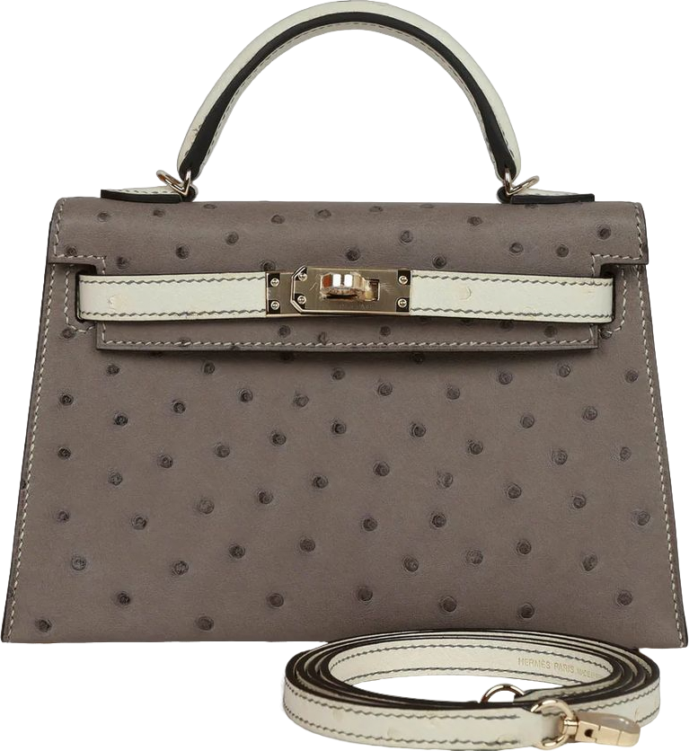 Hermes Special Order (HSS) Kelly Sellier 20 Gris Tourterelle and Beton Ostrich Permabrass Hardware
