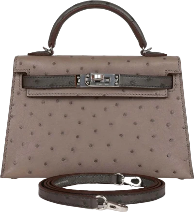 Hermes Special Order (HSS) Kelly Sellier 20 Gris Tourterelle and Graphite Ostrich Palladium Hardware Hermes Special Order (HSS) Kelly Sellier 20 Gris Tourterelle and Graphite Ostrich Palladium Hardware