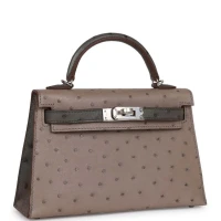 Hermes Special Order (HSS) Kelly Sellier 20 Gris Tourterelle and Graphite Ostrich Palladium Hardware Hermes Special Order (HSS) Kelly Sellier 20 Gris Tourterelle and Graphite Ostrich Palladium Hardware