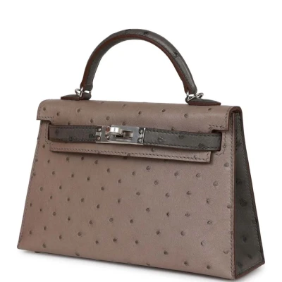 Hermes Special Order (HSS) Kelly Sellier 20 Gris Tourterelle and Graphite Ostrich Palladium Hardware Hermes Special Order (HSS) Kelly Sellier 20 Gris Tourterelle and Graphite Ostrich Palladium Hardware