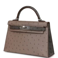 Hermes Special Order (HSS) Kelly Sellier 20 Gris Tourterelle and Graphite Ostrich Palladium Hardware Hermes Special Order (HSS) Kelly Sellier 20 Gris Tourterelle and Graphite Ostrich Palladium Hardware