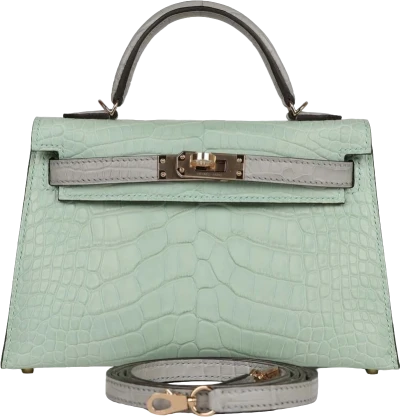 Hermes Special Order (HSS) Kelly Sellier 20 Vert D'Eau and Gris Perle Matte Alligator Permabrass Hardware Hermes Special Order (HSS) Kelly Sellier 20 Vert D'Eau and Gris Perle Matte Alligator Permabrass Hardware