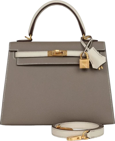 Hermes Special Order (HSS) Kelly Sellier 25 Etoupe and Craie Epsom Brushed Gold Hardware Hermes Special Order (HSS) Kelly Sellier 25 Etoupe and Craie Epsom Brushed Gold Hardware
