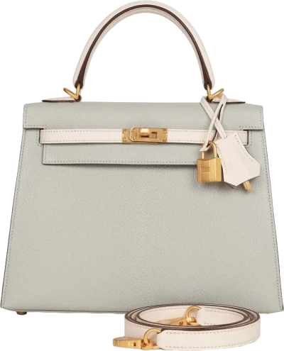 Hermes Special Order (HSS) Kelly Sellier 25 Gris Perle and Nata Chevre Brushed Gold Hardware Hermes Special Order (HSS) Kelly Sellier 25 Gris Perle and Nata Chevre Brushed Gold Hardware