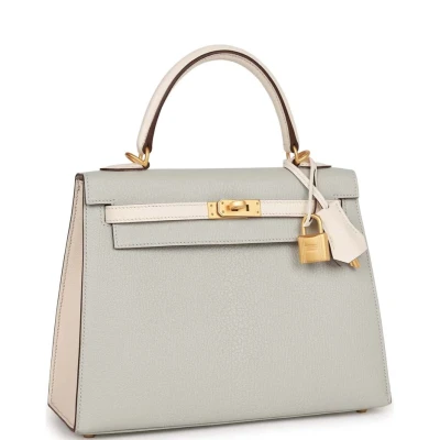 Hermes Special Order (HSS) Kelly Sellier 25 Gris Perle and Nata Chevre Brushed Gold Hardware Hermes Special Order (HSS) Kelly Sellier 25 Gris Perle and Nata Chevre Brushed Gold Hardware