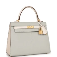 Hermes Special Order (HSS) Kelly Sellier 25 Gris Perle and Nata Chevre Brushed Gold Hardware Hermes Special Order (HSS) Kelly Sellier 25 Gris Perle and Nata Chevre Brushed Gold Hardware