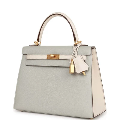 Hermes Special Order (HSS) Kelly Sellier 25 Gris Perle and Nata Chevre Brushed Gold Hardware Hermes Special Order (HSS) Kelly Sellier 25 Gris Perle and Nata Chevre Brushed Gold Hardware