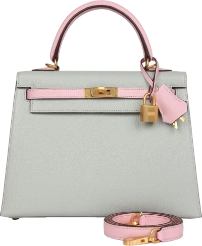 Hermes Special Order (HSS) Kelly Sellier 25 Gris Perle and Rose Sakura Chevre Brushed Gold Hardware Hermes Special Order (HSS) Kelly Sellier 25 Gris Perle and Rose Sakura Chevre Brushed Gold Hardware