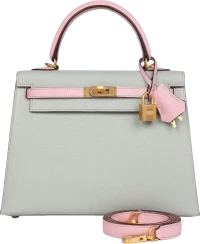 Hermes Special Order (HSS) Kelly Sellier 25 Gris Perle and Rose Sakura Chevre Brushed Gold Hardware Hermes Special Order (HSS) Kelly Sellier 25 Gris Perle and Rose Sakura Chevre Brushed Gold Hardware
