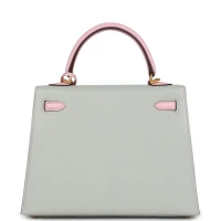 Hermes Special Order (HSS) Kelly Sellier 25 Gris Perle and Rose Sakura Chevre Brushed Gold Hardware Hermes Special Order (HSS) Kelly Sellier 25 Gris Perle and Rose Sakura Chevre Brushed Gold Hardware