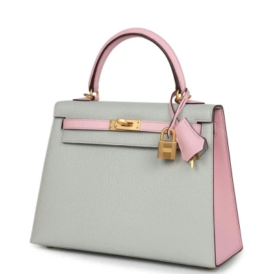 Hermes Special Order (HSS) Kelly Sellier 25 Gris Perle and Rose Sakura Chevre Brushed Gold Hardware Hermes Special Order (HSS) Kelly Sellier 25 Gris Perle and Rose Sakura Chevre Brushed Gold Hardware