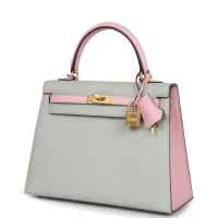 Hermes Special Order (HSS) Kelly Sellier 25 Gris Perle and Rose Sakura Chevre Brushed Gold Hardware Hermes Special Order (HSS) Kelly Sellier 25 Gris Perle and Rose Sakura Chevre Brushed Gold Hardware