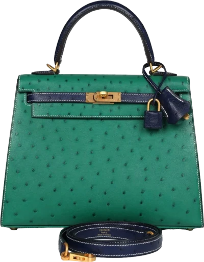 Hermes Special Order (HSS) Kelly Sellier 25 Vert Vertigo and Bleu Iris Ostrich Brushed Gold Hardware Hermes Special Order (HSS) Kelly Sellier 25 Vert Vertigo and Bleu Iris Ostrich Brushed Gold Hardware
