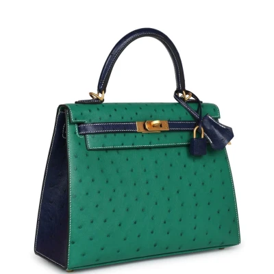 Hermes Special Order (HSS) Kelly Sellier 25 Vert Vertigo and Bleu Iris Ostrich Brushed Gold Hardware Hermes Special Order (HSS) Kelly Sellier 25 Vert Vertigo and Bleu Iris Ostrich Brushed Gold Hardware