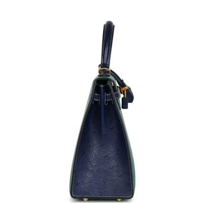 Hermes Special Order (HSS) Kelly Sellier 25 Vert Vertigo and Bleu Iris Ostrich Brushed Gold Hardware Hermes Special Order (HSS) Kelly Sellier 25 Vert Vertigo and Bleu Iris Ostrich Brushed Gold Hardware
