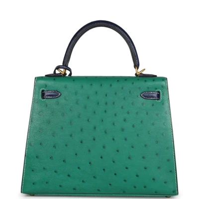 Hermes Special Order (HSS) Kelly Sellier 25 Vert Vertigo and Bleu Iris Ostrich Brushed Gold Hardware Hermes Special Order (HSS) Kelly Sellier 25 Vert Vertigo and Bleu Iris Ostrich Brushed Gold Hardware