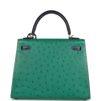 Hermes Special Order (HSS) Kelly Sellier 25 Vert Vertigo and Bleu Iris Ostrich Brushed Gold Hardware Hermes Special Order (HSS) Kelly Sellier 25 Vert Vertigo and Bleu Iris Ostrich Brushed Gold Hardware