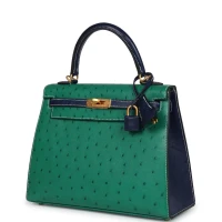 Hermes Special Order (HSS) Kelly Sellier 25 Vert Vertigo and Bleu Iris Ostrich Brushed Gold Hardware Hermes Special Order (HSS) Kelly Sellier 25 Vert Vertigo and Bleu Iris Ostrich Brushed Gold Hardware